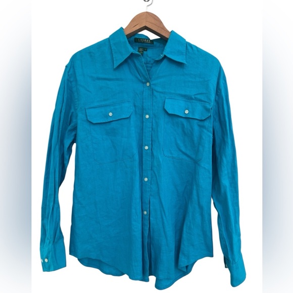 Lauren Ralph Lauren Linen Women’s Long Sleeve Blue Button Down - Picture 1 of 5